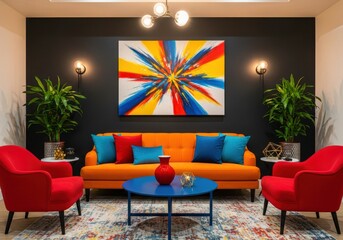 Bright Orange Sofa with Colorful Cushions in Stylish Dark Living Room