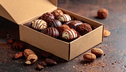 Open cardboard box filled with assorted chocolates and nuts—truffles, domes, striped pieces—on rustic surface.