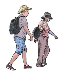Elderly spouses couple in hats with backpacks, tourists in vacation, walking outdoors on summer day, realistic hand drawn vector illustration isolated on white