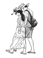 Young pair chinese people in hats walking on seashore on summer day, realistic sketch, vector illustration isolated on white