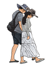 Young pair chinese people in hats walking on seashore on summer day, realistic hand drawn vector illustration isolated on white