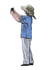One tourist person in hat photographing on smartphone, standing outdoors, taking picture, realistic outline hand drawn vector illustration isolated on white