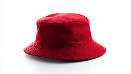 Red bucket hat lies flat on white background. Simple object isolated for design mockups. Modern fashion accessory perfect for summer vacation