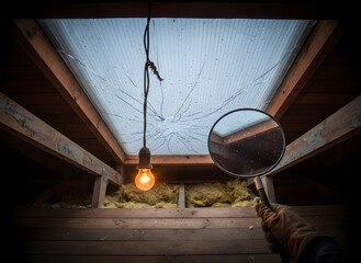 Attic Interior with Broken Skylight, Light Bulb, Magnifying Glass Symbolizing Home Repair, Property Inspection, and Renovation