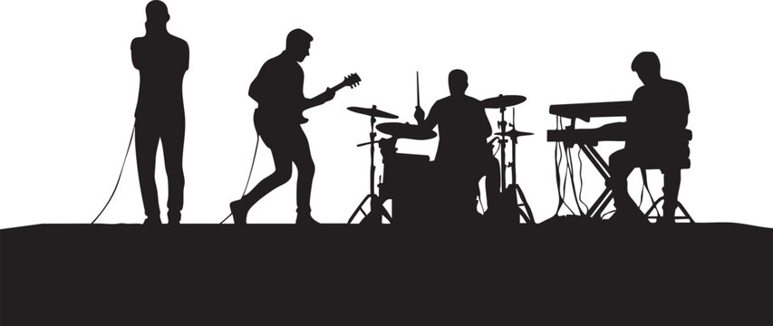 Silhouettes of musicians playing guitar drums and keyboard on stage performance