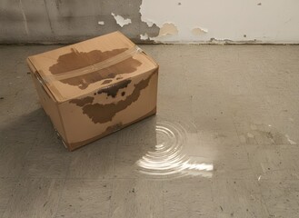 Wet Cardboard Box and Rippling Water Puddle on Grungy Floor, Symbolizing Water Damage, Leakage, and Property Neglect, Storage, Insurance, Renovation, Building Maintenance