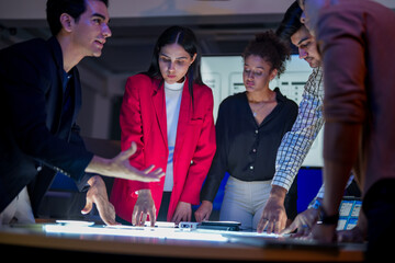 Future digital innovation and business strategy concept. Professional creative team brainstorming ideas for technology solution. Strategic planning for corporate growth and online customer experience.