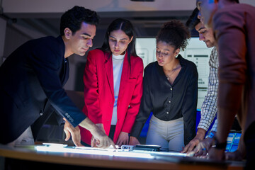 Future digital innovation and business strategy concept. Professional creative team brainstorming ideas for technology solution. Strategic planning for corporate growth and online customer experience.