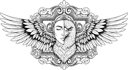 Obraz premium Intricate black and white vector line art illustration of a split face featuring a woman and an eagle with large spreading wings.