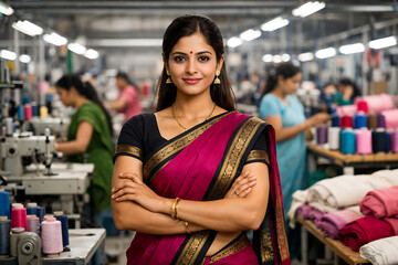 Confident young Indian woman in saree standing with crossed arms in textile factory showing Woman empowerment concept