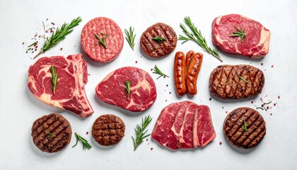 Assorted cooked and raw meat cuts—grilled steaks, sausages, burger patties, marbled beef slices—garnished with rosemary on white surface.