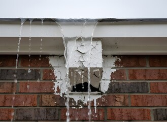 Damaged Gutter Overflowing with Water Onto Peeling Brick Wall, Symbolizing Property Neglect, Water Damage, and Building Repair