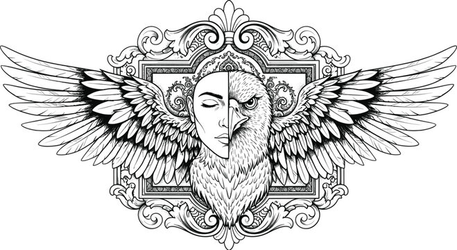 Intricate black and white vector line art illustration of a split face featuring a woman and an eagle with large spreading wings.
