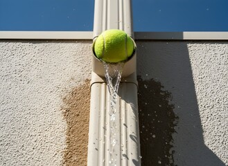 Vibrant Green Tennis Ball Stuck in Residential Rain Gutter with Overflowing Water Symbolizing Unexpected Obstruction, Home Maintenance, Outdoor Problem, and Playful Mishap