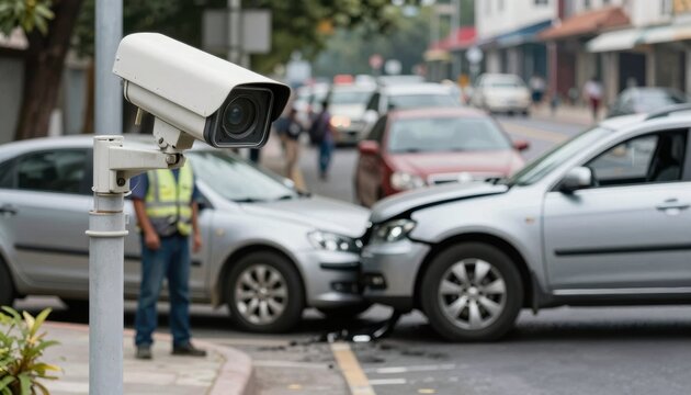 Car accident in urban area involving insurance claims and legal matters analyzing footage from traffic camera for evidence