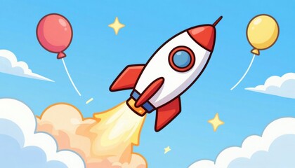 Naklejka premium Rocket launch celebration with balloons in a clear sky digital illustration fun and whimsical environment colorful and exciting viewpoint