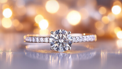 Fototapeta premium White gold engagement ring with round brilliant cut diamond solitaire, thin pave diamond band, elegant prong setting, on soft rose bokeh background