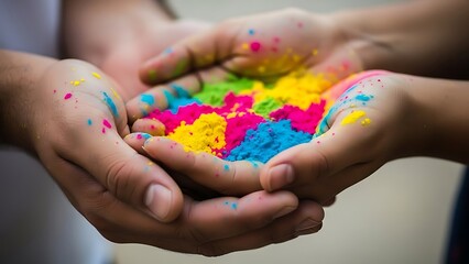 A striking photo realistic close-up captures two hands, tenderly cupped and overflowing with a rich blend of vibrant gulal powder, symbolizing the heart of the Holi celebration.