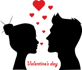 Valentines Day couple silhouette with hearts