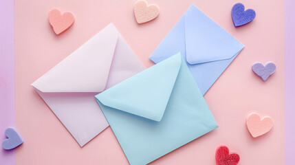 Pastel envelopes with soft heart shapes on a pink background, romantic flat lay composition for love letters, invitations, valentines, weddings, greetings, minimal stationery concept with copy space.