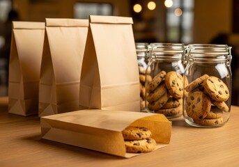 Brown Kraft Paper Bags and Glass Jars Filled With Chocolate Chip Cookies