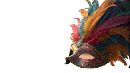 Elaborate Venetian Masquerade Mask with Colorful Feathers and Gem Accent, Luxurious Detail Isolated on Transparent Background