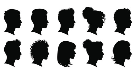 Collection of diverse head profiles in black showcasing various hairstyles and facial features silhouette
