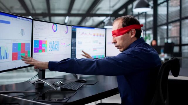 Confused Businessman Blindfolded At Desk