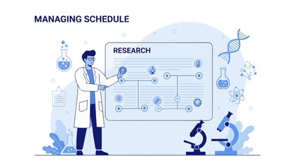 Scientist Managing Research Schedule with DNA and Microscope Illustration