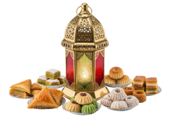ramadan lantern with festive pastries and baklava for eid mubarak