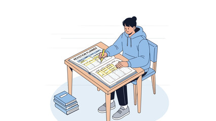 Student Planning and Studying with Books and Planner