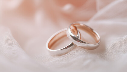 Two white gold wedding bands resting together on soft white fabric