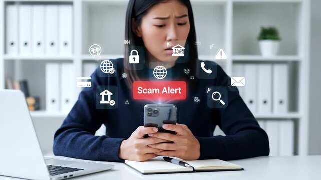 Woman looking worried at a scam alert notification on her smartphone in an office setting.