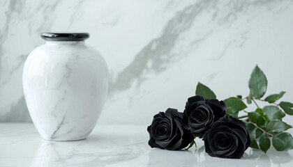 White marble cremation urn and three fresh black roses lying on white marble surface
