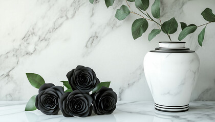 White marble cremation urn and three fresh black roses lying on white marble surface