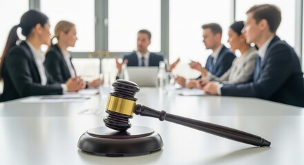 Business Team Meeting with Gavel Symbolizing Legal Decision Making