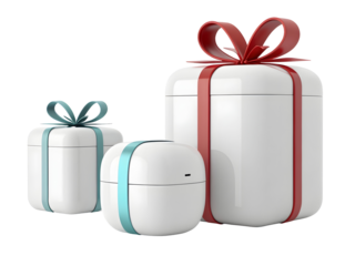 Three modern white gift boxes with festive red and blue ribbons, clean studio lighting, isolated on black background Isolated on Transparent Background