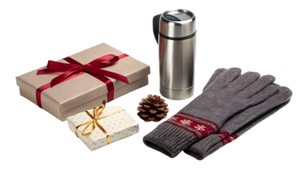 Winter Gift Set: Presents, Thermos, Pinecone and Gloves with Red Snowflake Pattern Isolated on Transparent Background