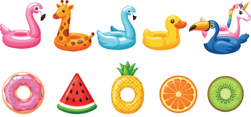 Obraz premium Vector illustration set of colorful summer pool floats featuring animal shapes like flamingo giraffe duck unicorn and fruit shapes like watermelon and pineapple.