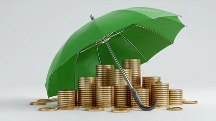 Green umbrella provides financial security for growing stacks of gold coins