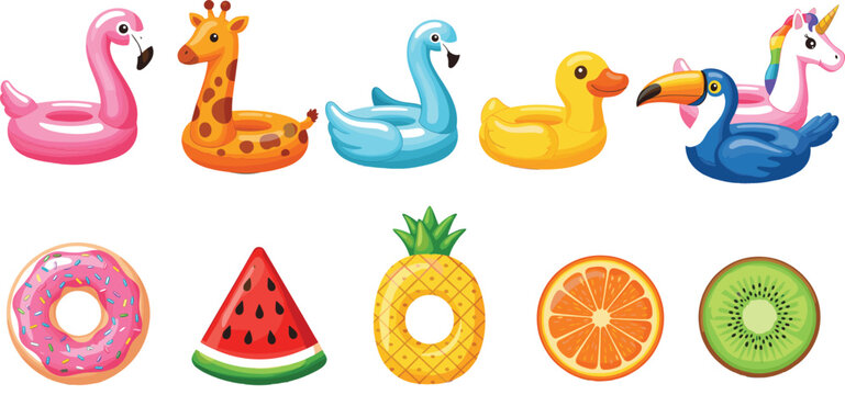 Vector illustration set of colorful summer pool floats featuring animal shapes like flamingo giraffe duck unicorn and fruit shapes like watermelon and pineapple.
