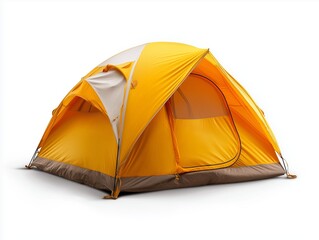 Bright yellow and white camping tent isolated on a white background outdoor