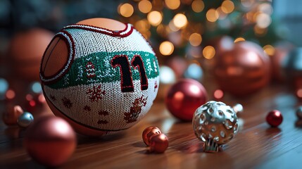 A festive basketball ornament with the number 11, surrounded by Christmas baubles and lights