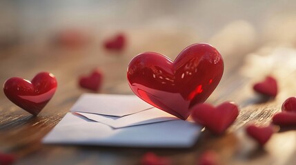 Fototapeta premium A romantic scene with red hearts and an envelope on a wooden table