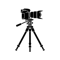 Camera on Tripod Silhouette Photography Equipment Vector Icon