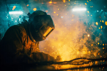 A worker in a workshop is welding metal pieces together as sparks fly around. The scene shows the worker using protective gear and focused on the task