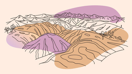 An abstract line art illustration of a mountain range with purple orange and white hues on a beige background