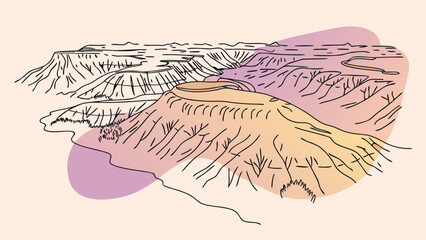 A stylized illustration of a desert canyon landscape with abstract colorful background