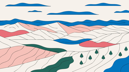 Mountain landscape with stylized hills and trees in a modern artistic illustration