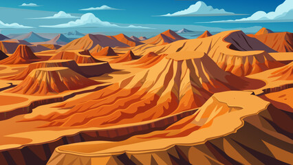 A desert landscape with orange rocky hills and a blue sky with white clouds